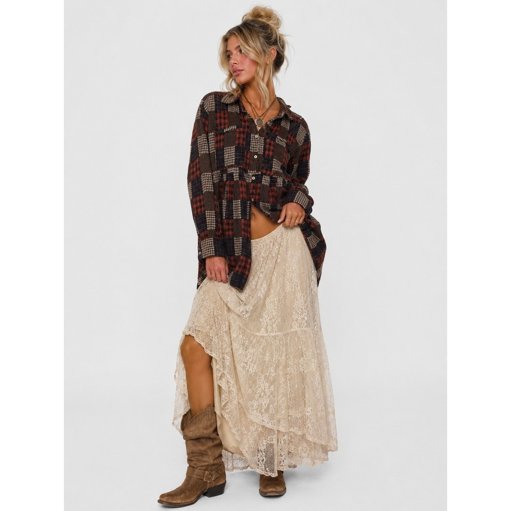 Saints & Hearts Brown Red Patchwork Boho Lagenlook Plaid Babydoll Tunic Top S M